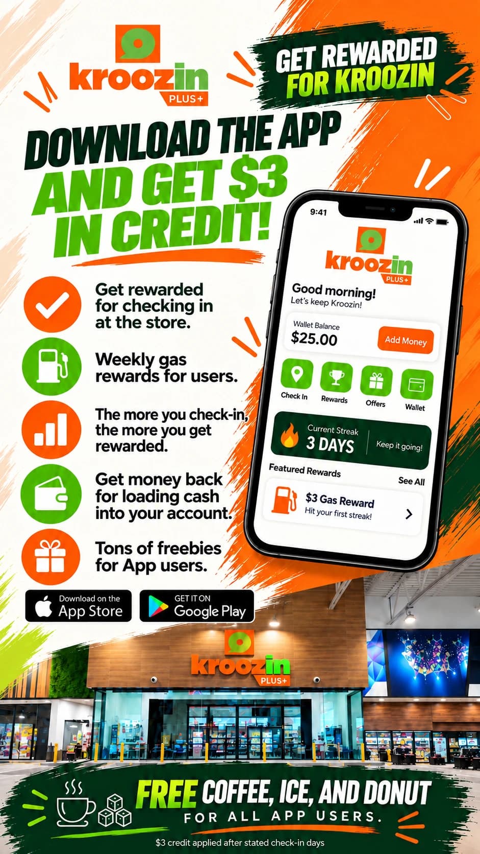 Kroozin Plus flyer: Download the app and get $3 in credit. Get rewarded for checking in at the store, weekly gas rewards, the more you check in the more you get rewarded, get money back for loading cash into your account, tons of freebies for app users. Free coffee, ice and donut for all app users. $3 credit applied after stated check-in days.